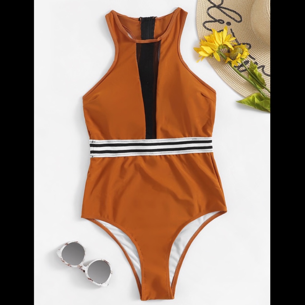 Striped Contrast Mesh High Neck One Piece Swimsuit